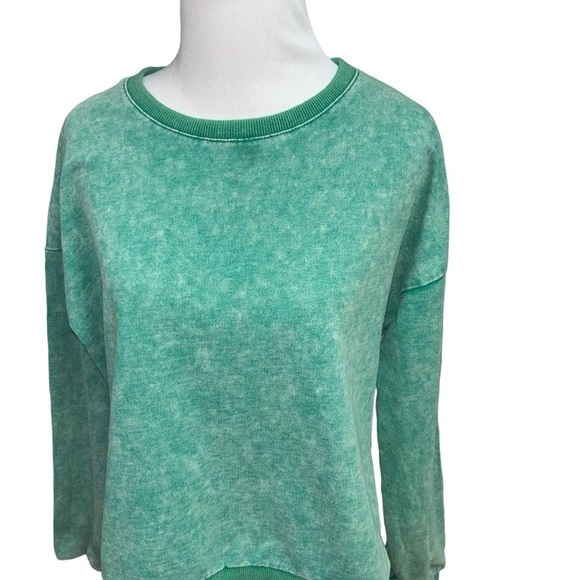 Promesa Women's S Small Crewneck Sweater Intentionally Faded Split Sides Green - Picture 2 of 6